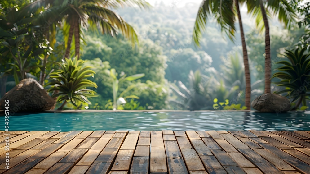 Poster stylish bamboo table by a tropical pool with palm trees in the background