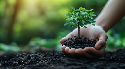 Hand Holding Sapling with Soil   Green Growth Concept