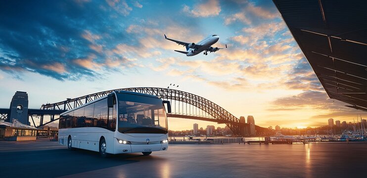 Airplane Taking Off Above Coach Bus at Sydney Airport