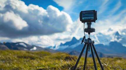 Weather station recording data with mountain landscape in background