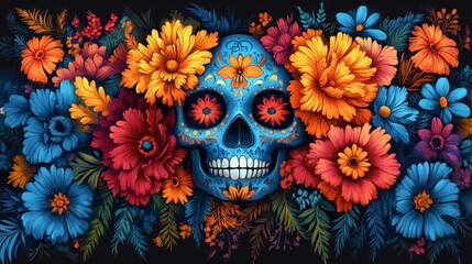 A beautifully designed skull adorned with intricate patterns sits amidst bright, vivid flowers in a celebration of Dia de los Muertos.