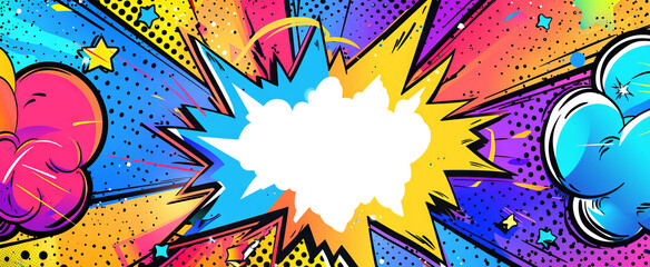 Fototapeta premium Vibrant Pop Art Style Banner with Bright Colors and Comic Book Elements Including Stars, Clouds, and Halftone Patterns. Copy space. Background