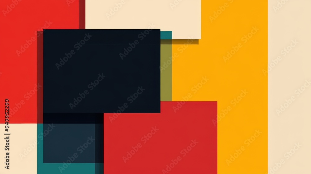 Poster a vibrant abstract composition featuring geometric shapes in bold colors, creating a dynamic visual 