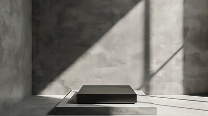 Sleek Black Pedestal in Minimalist Gray Room with Sunlight Shining Through Window. Concept of Modern Interior Design, Product Display, Minimalism, and Contemporary Living. Copy space