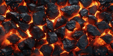 Burning coal embers glowing red hot with flames