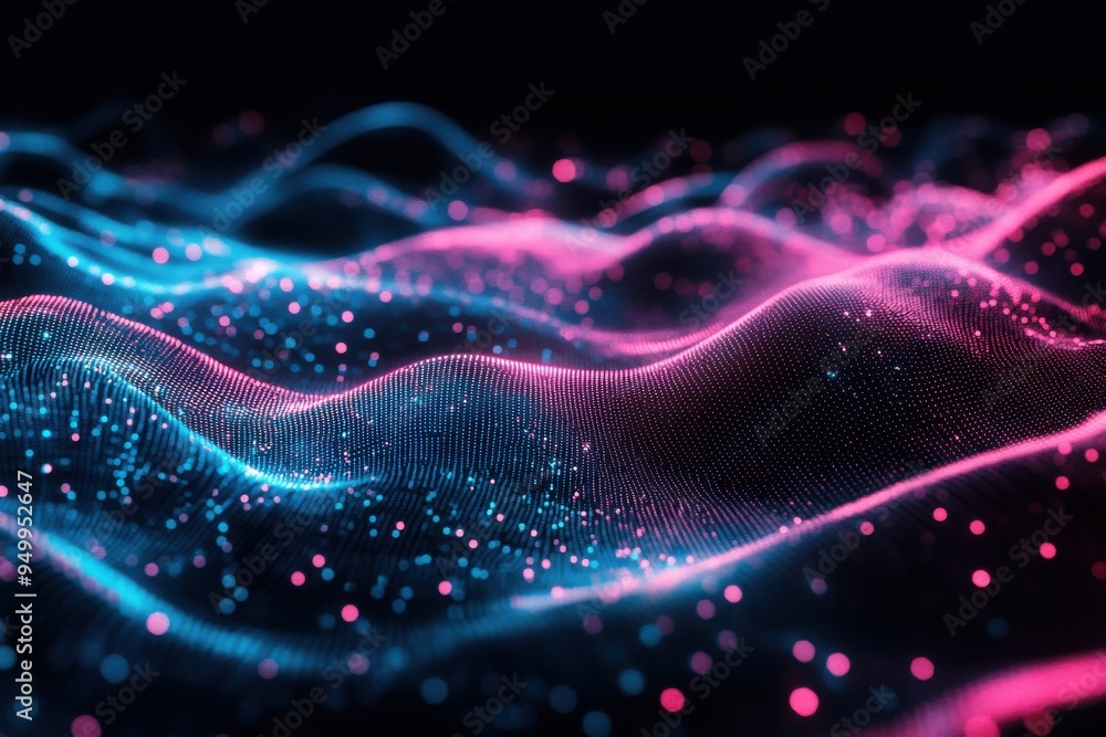 Poster an abstract representation of a wave of glowing dots and lines creating a dynamic flowing pattern