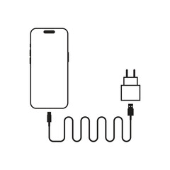 Illustration of a phone, with power adapter, USB cable with wavy shape, simple design.