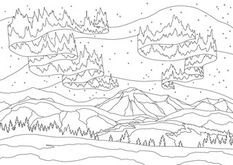 Fototapeta premium Aurora blue sky and a lot of star in form of milky way, astronomy background, coloring book page illustration