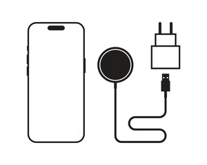 Illustration of phone, wireless charger, and power adapter icons on a white background.