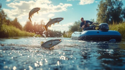 A man is fishing in a river with a boat