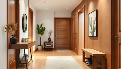 Fototapeta premium Interior stylish modern wooden entrance hallway decor with cozy wooden tone, contemporary home with furniture desk, stand and shoe bench. 