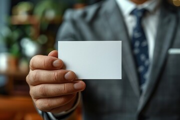Man in Suit Holding Blank Business Card