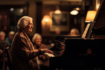 Obraz premium An elderly woman plays a grand piano in a dimly lit common room