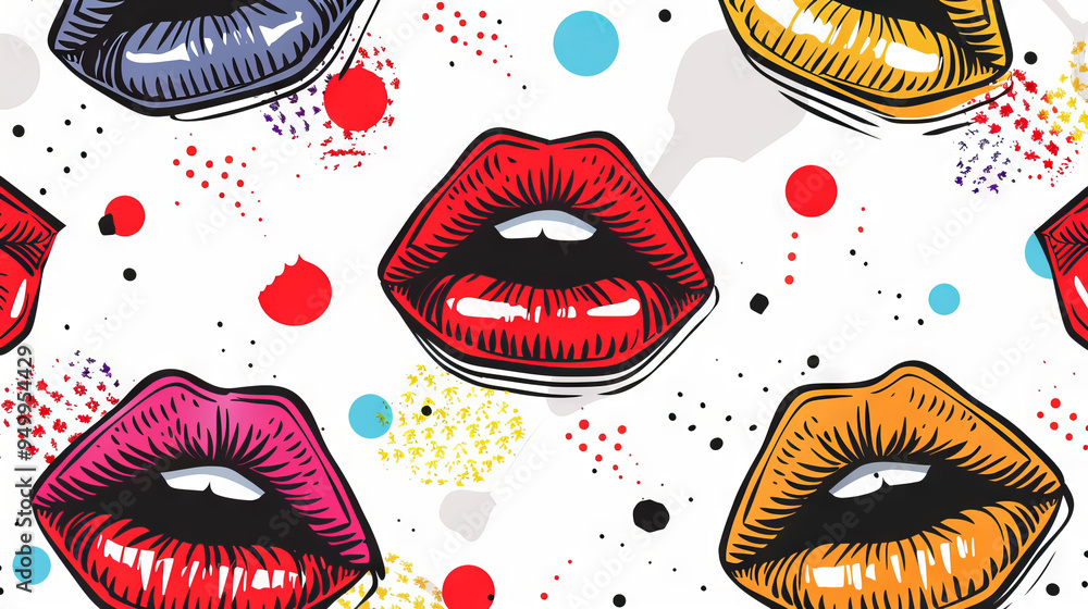 Poster vibrant pop art lips and colorful dots pattern with bold colors. multicolored funny background