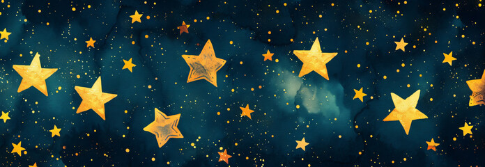 Fototapeta premium Cosmic night sky with glowing stars and deep blue nebulae. Watercolor illustration. Starry background. Wide banner