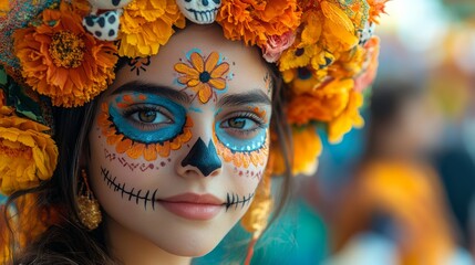 A young woman showcases intricate face painting in the spirit of Dia de los Muertos, adorned with colorful flowers in her headdress, enjoying the festive atmosphere.