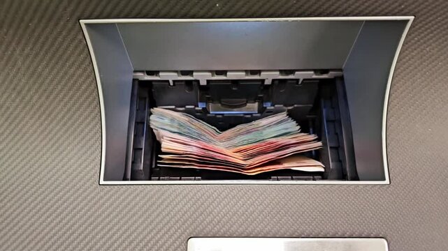 A man's hand puts cash rubles into the ATM bill acceptor. replenishment of a bank account.