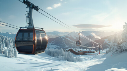 Obraz premium Modern gondola lift ascending snowy mountain with scenic winter landscape and ski resort. Concept of winter sports, alpine adventure, ski holidays, and mountain serenity