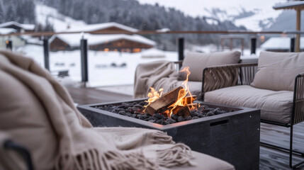 Cozy Outdoor Fire Pit Area with Comfortable Seating Overlooking Snowy Mountain Landscape in Winter Chalet. Concept of Winter Relaxation, Cabin Retreat, Outdoor Comfort, Warmth, Resort