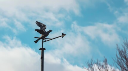 Metal weather vane showing wind direction with bird shaped ornament