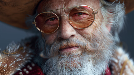 Merry Christmas and Happy New Year. Xmas. Holidays greeting card. Santa is wearing his classic red hat and looking directly at the camera. 