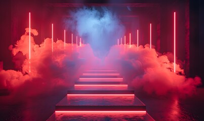 Elegant Neon Fashion Scene, A high-fashion runway setup with glowing red and neon lights, the runway covered in a light smoke