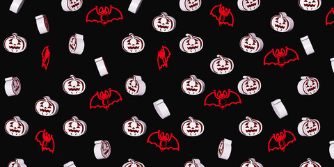 Pumpkins on black background. Pattern for cafe, menu, restaurant. 3d template background. Halloween. 3d render.