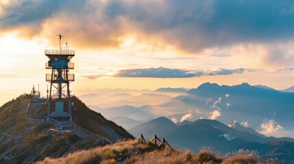 Fototapeta premium Mountain landscape with a lookout tower at sunset