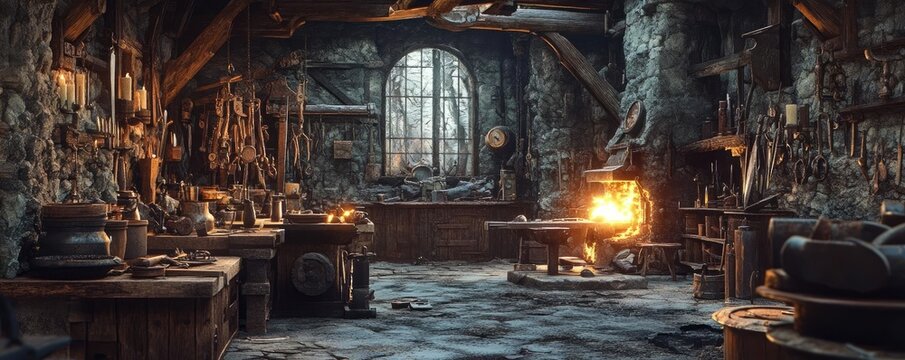 Medieval blacksmith workshop, tools hanging on walls, glowing forge, and a sword in progress, 3D illustration