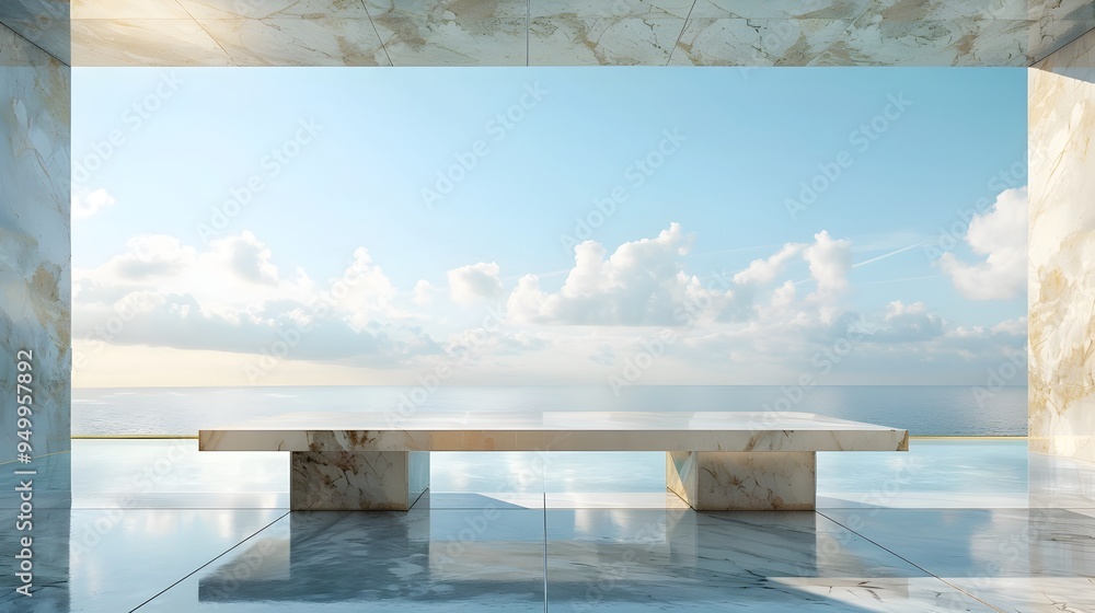 Poster minimalist marble table with luxury pool view for high end product display