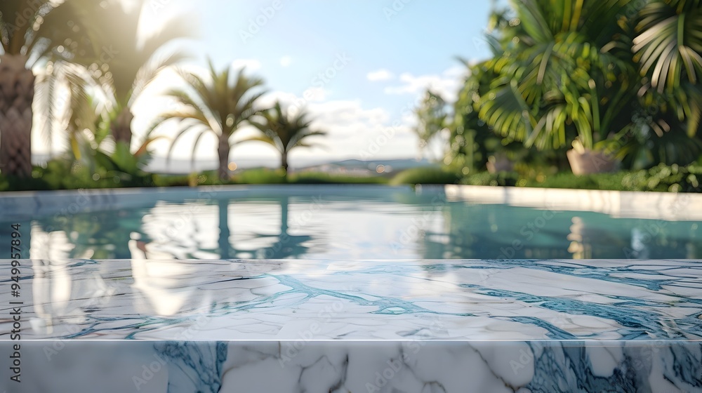 Poster luxury marble table with poolside view for high end product display