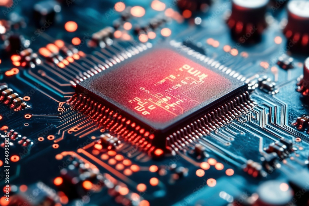 Poster close-up of a microchip on a circuit board with red glowing lights