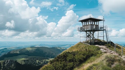 Wooden lookout tower standing on mountain peak under blue sky with clouds