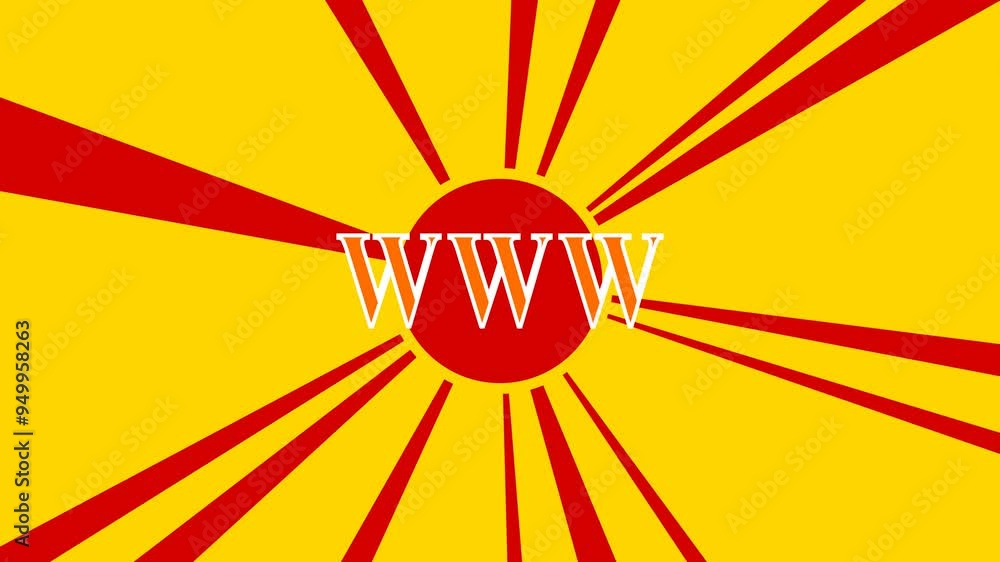 Poster www symbol on the background of animation from moving rays of the sun. large orange symbol increases