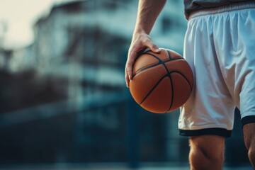 Basketball player is holding basketball ball on a court close up photo