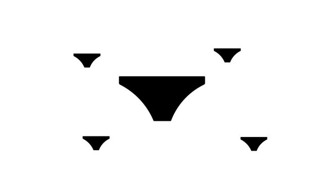 Zoom in and out animation the women's underpants symbol. Large black symbol in the center and four small symbols around. Seamless looped 4k animation on white background