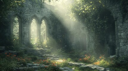 Overgrown ruins, crumbling stone walls, creeping vines, and soft beams of light, 3D landscape