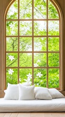 Fototapeta premium A serene cabin features wooden walls and ceiling, a spacious window offering a breathtaking view of greenery, with soft pillows creating a comfortable retreat.