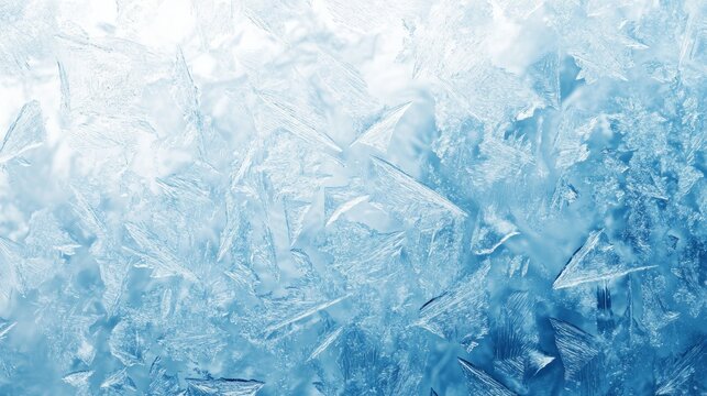 Frozen pattern on winter window. Blue ice winter background, texture blue wallpaper. Banner of fozen blue background