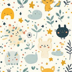 A whimsical design of adorable bunnies, cats, and birds in a floral pattern.