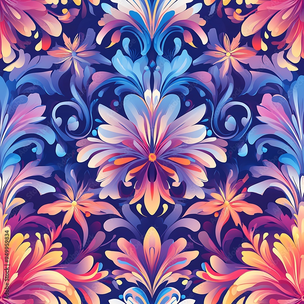 Poster an abstract floral pattern alive with vibrant colors and swirling, dynamic shapes.