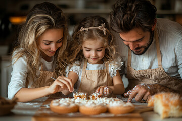 Fototapeta premium A modern white kitchen, two parents and their children baking together. A cute little girl with blonde hair, wearing an apron, appears delighted while making a cake at the table. 