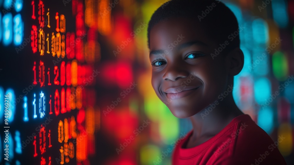 Poster a young boy is smiling at the camera in front of a colorful wall of numbers. concept of curiosity an