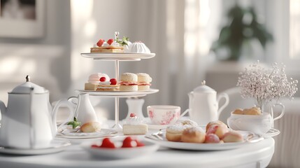 Elegant Afternoon Tea with Delicate Pastries and White Teapot