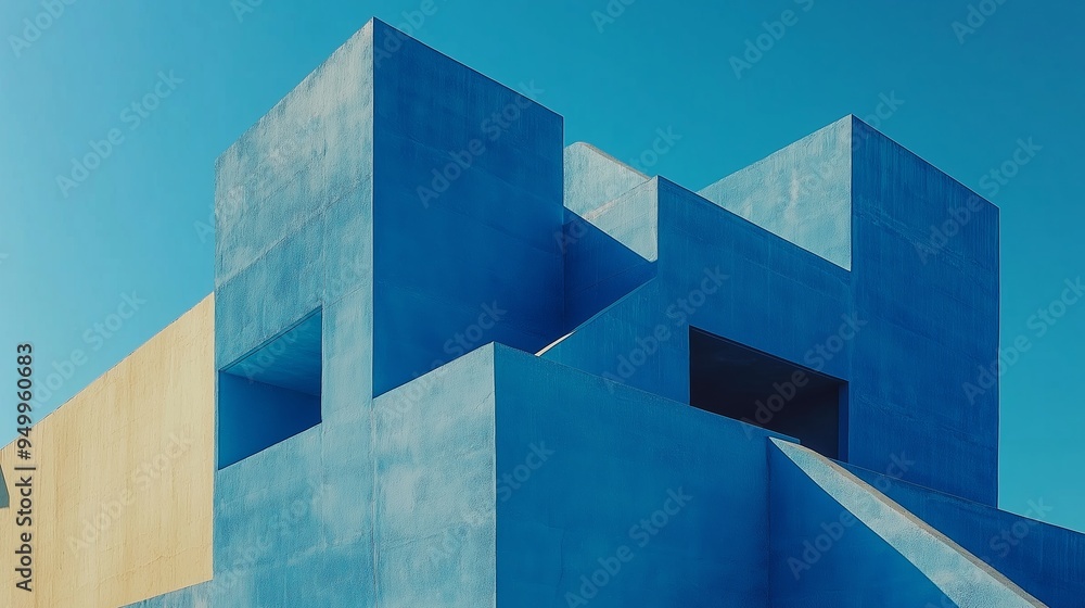 Aufkleber a blue building with a yellow trim. the building is tall and has a modern design. the blue color of 