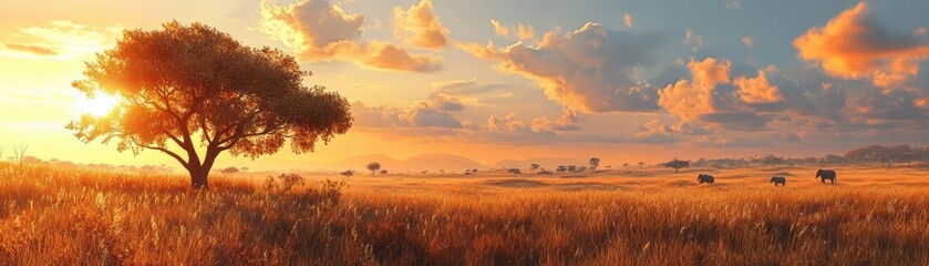 Fototapeta premium Savannah grasslands, acacia trees, grazing elephants, and a golden sunset, 3D landscape