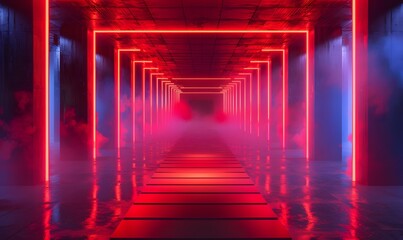 Fototapeta premium Futuristic Fashion Stage, A catwalk design featuring a long, illuminated runway with red neon lights and color floodlights