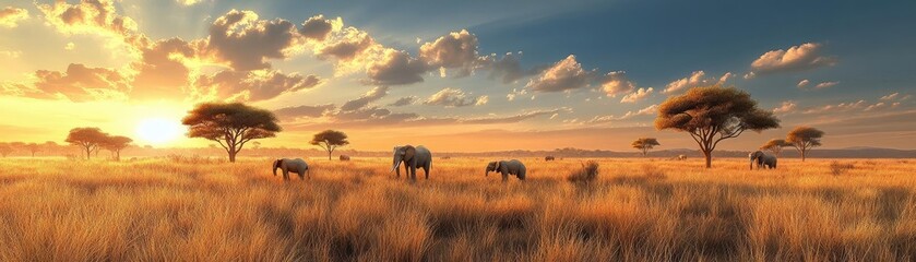 Fototapeta premium Savannah grasslands, acacia trees, grazing elephants, and a golden sunset, 3D landscape