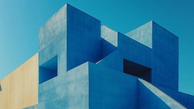 A blue building with a yellow trim. The building is tall and has a modern design. The blue color of the building contrasts with the yellow trim, creating a striking visual effect