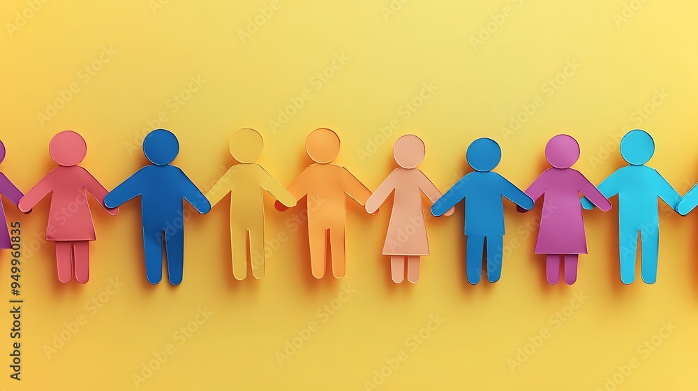 Poster paper people in vibrant colors stand linked on a yellow backdrop, celebrating unity and connection.